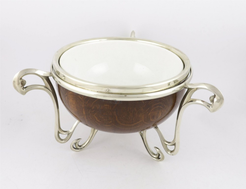 Antique English Oak & Silver Plate Fruit Trophy Bowl. Art Nouveau Bowl. View VIII