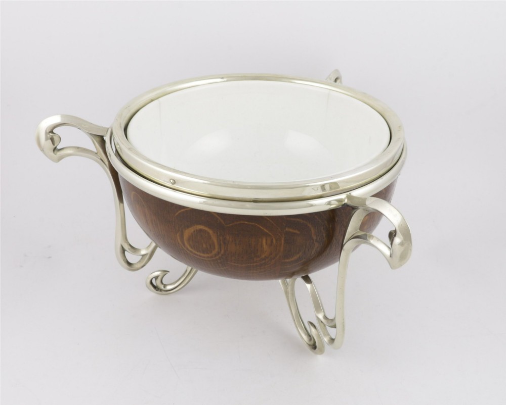 Antique English Oak & Silver Plate Fruit Trophy Bowl. Art Nouveau Bowl. View IX