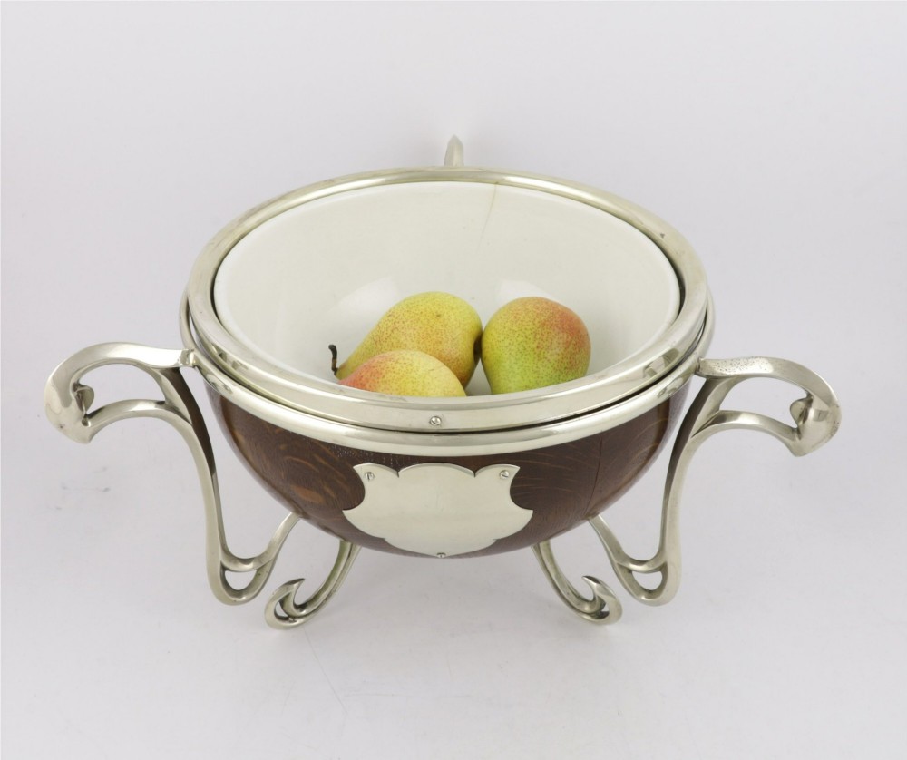 Antique English Oak & Silver Plate Fruit Trophy Bowl. Art Nouveau Bowl. View X