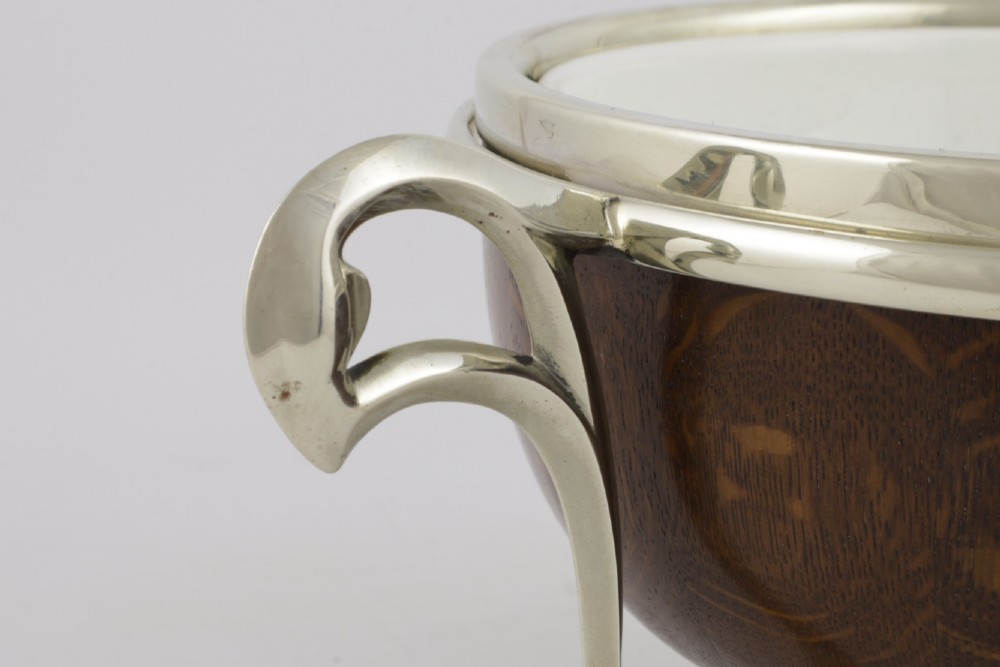 Antique English Oak & Silver Plate Fruit Trophy Bowl. Art Nouveau Bowl. View XII
