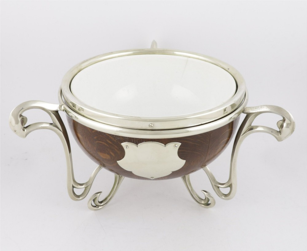 Antique English Oak & Silver Plate Fruit Trophy Bowl. Art Nouveau Bowl. View XIV