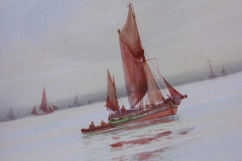A framed early twentieth-century watercolour painting featuring red-sailed fishing boats on calm waters off Scarborough, enclosed in a thick black frame with a gold inner slip. View III