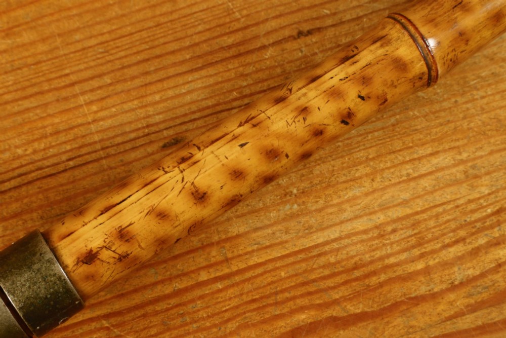 A late 19th-century bamboo shooting stick featuring a folding seat handle, metal support struts, and a spiked metal base. View XIII
