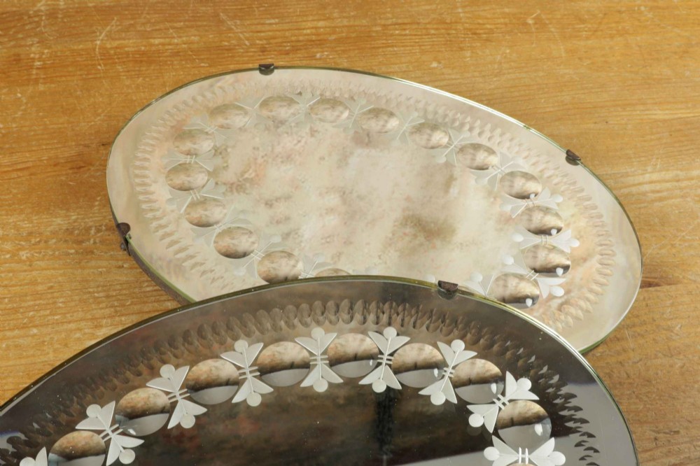 A pair of oval glass sorcerer mirrors featuring central dark reflections surrounded by a border of etched botanical motifs and raised convex glass lenses. View XII