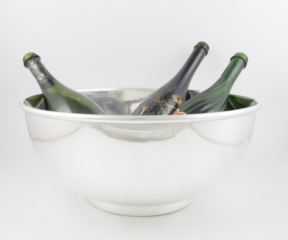A large polished silver-plated champagne cooler bowl featuring a smooth circular basin, rolled rim, and pedestal base. View II