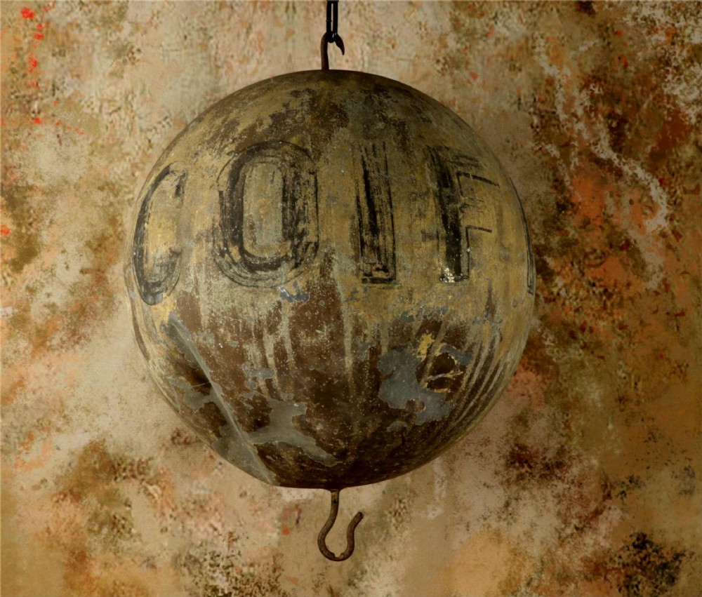 A 19th-century spherical zinc French coiffeur trade sign featuring hand-painted lettering and iron hanging hooks. View VII