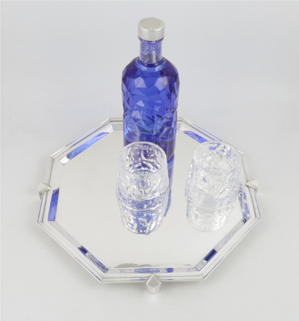 An octagonal silver-plated Art Deco cocktail tray featuring geometric corner accents and a polished smooth surface. View II