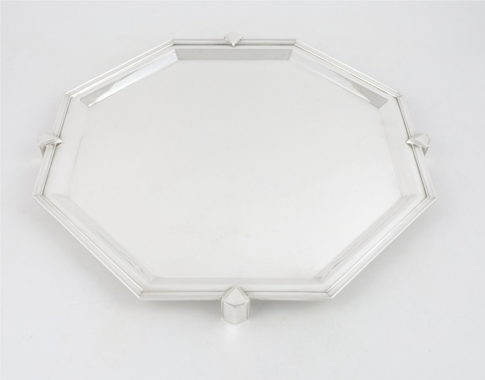 An octagonal silver-plated Art Deco cocktail tray featuring geometric corner accents and a polished smooth surface. View III