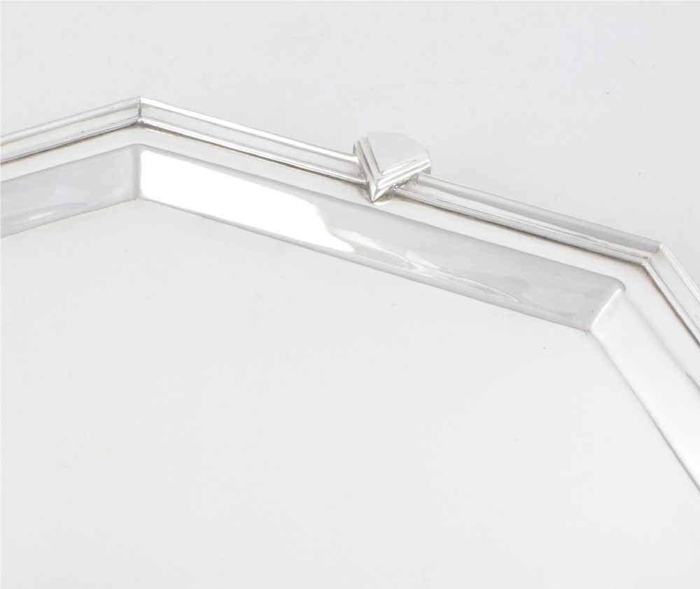 An octagonal silver-plated Art Deco cocktail tray featuring geometric corner accents and a polished smooth surface. View IV