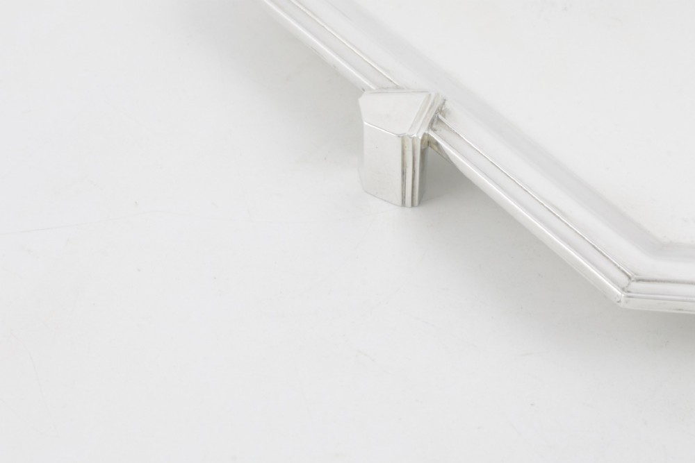 An octagonal silver-plated Art Deco cocktail tray featuring geometric corner accents and a polished smooth surface. View VI