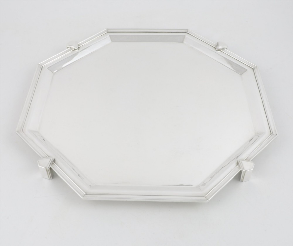 An octagonal silver-plated Art Deco cocktail tray featuring geometric corner accents and a polished smooth surface. View XIII