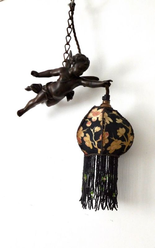 fig 1. VICTORIAN SPELTER FLYING CHERUB WITH ORIGINAL SHADE
