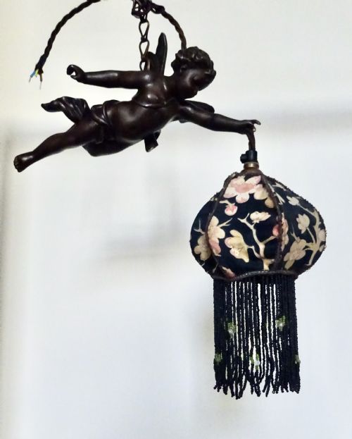 Victorian Spelter Flying Cherub with Original Shade
