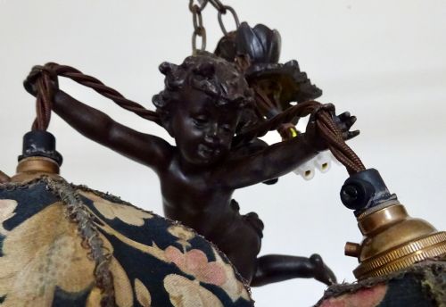 fig 2. VICTORIAN FLYING SPELTER CHERUB LIGHT WITH ORIGINAL SHADES