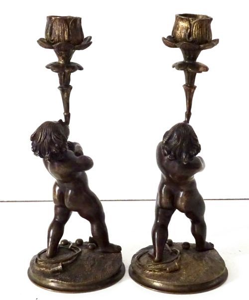 fig 1. PAIR VICTORIAN BRONZE CHERUB CANDLESTICKS