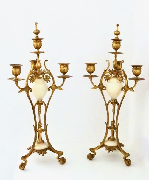 Pair Victorian Ormolu and Marble Candelabra
