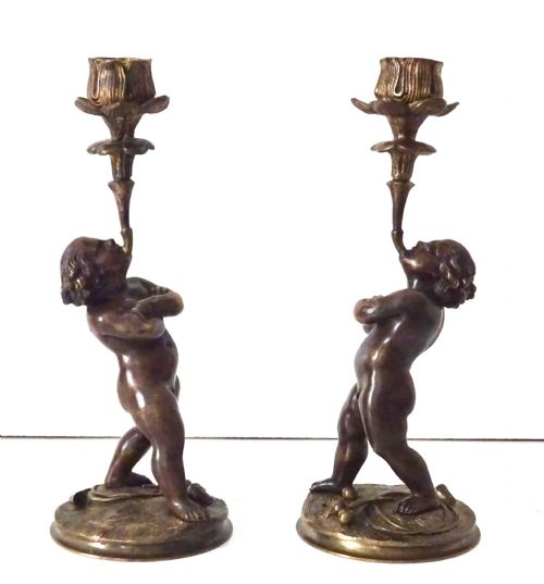Pair Victorian Bronze Cherub Candlesticks