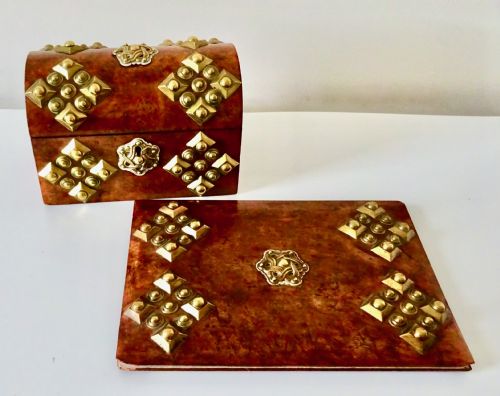 A Walnut and Brass Stationery Box and Blotter