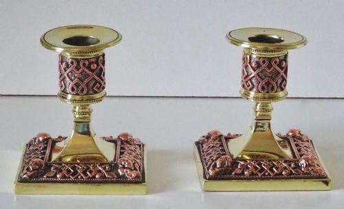 fig 1. PAIR OF BRASS AND COPPER FILIGREE CANDLESTICKS
