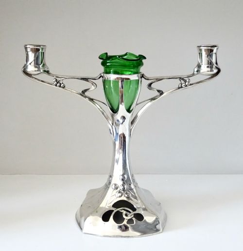 Art Nouveau Candlestick  with Glass Flower Vase