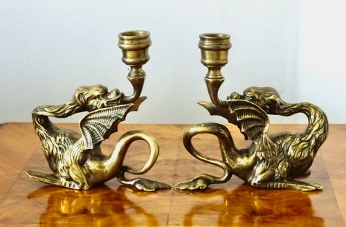 Pair 19thc Bronze Dragon Candlesticks