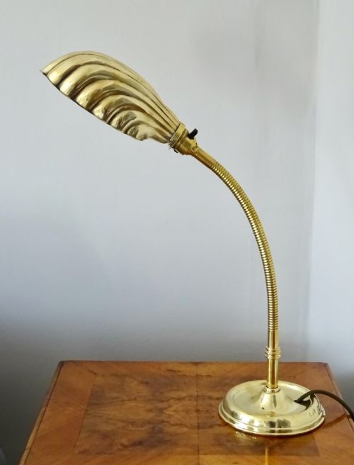 1920s Brass Desk Lamp with Shell Shaped Shade