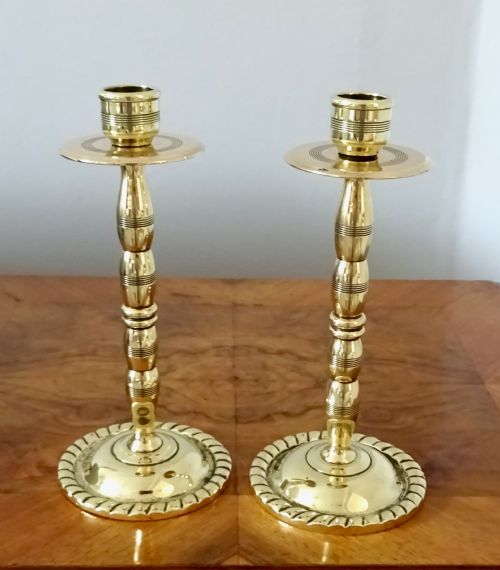 Pair Engine Turned Heavy Brass Candlesticks