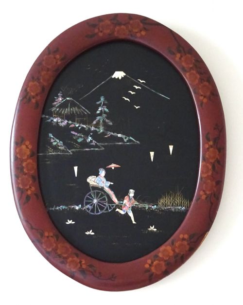 1920-1940 Mother of Pearl and Abalone Picture in Red Lacquered Frame