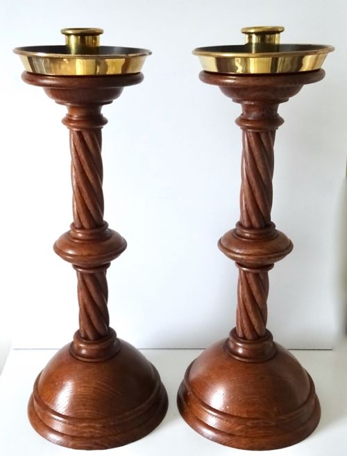 Tall Oak Candlesticks with Tin Lined Brass Candle Cups