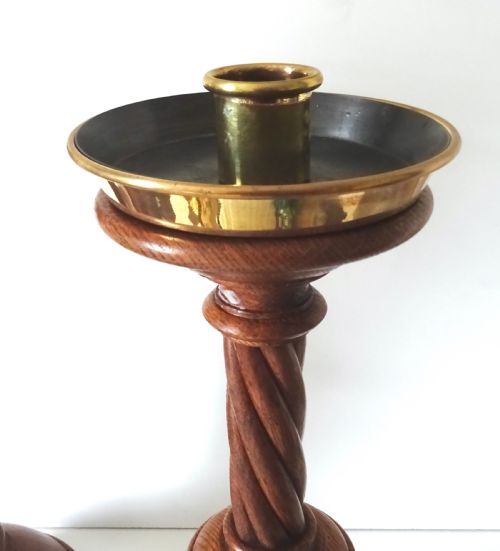 fig 1. TALL OAK CANDLESTICKS WITH TIN LINED BRASS CANDLE CUPS