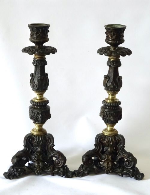 Pair Spelter and Brass Candlesticks