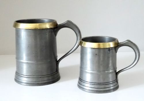 Two Loftus Pewter Tankards with Brass Rims