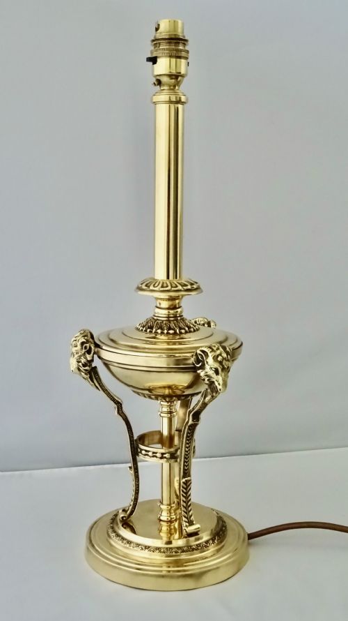 C1910 Brass Table Lamp with Ram's Heads