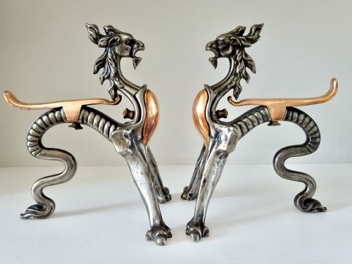 Pair of Iron and Copper Dragon Fire Dogs