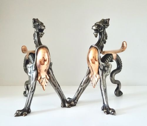 fig 1. PAIR OF IRON AND COPPER DRAGON FIRE DOGS