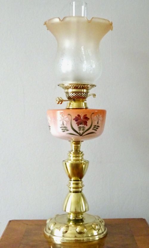 BRASS OIL LAMP WITH PAINTED GLASS BOWL
