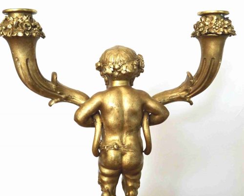 18601880 PAIR BRONZE CHERUB CANDLESTICKS ON MARBLE BASES - ADDITIONAL PHOTO 3