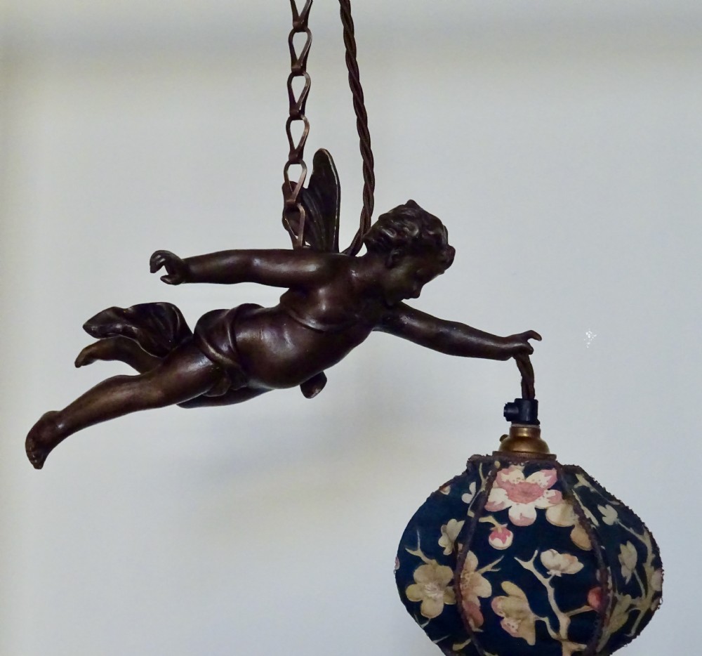 VICTORIAN SPELTER FLYING CHERUB WITH ORIGINAL SHADE View IV