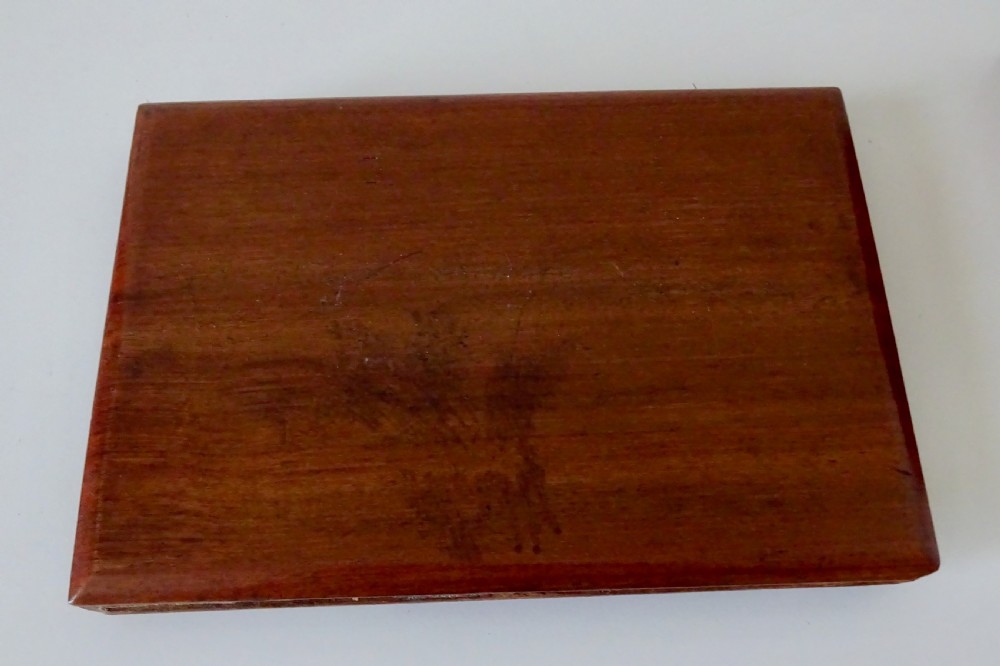 A WALNUT AND BRASS STATIONERY BOX AND BLOTTER View VI