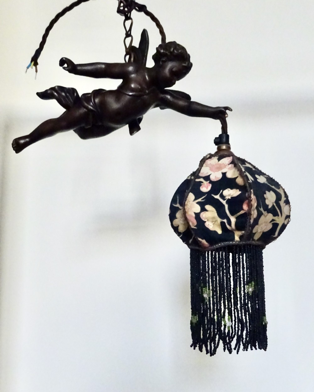 VICTORIAN SPELTER FLYING CHERUB WITH ORIGINAL SHADE