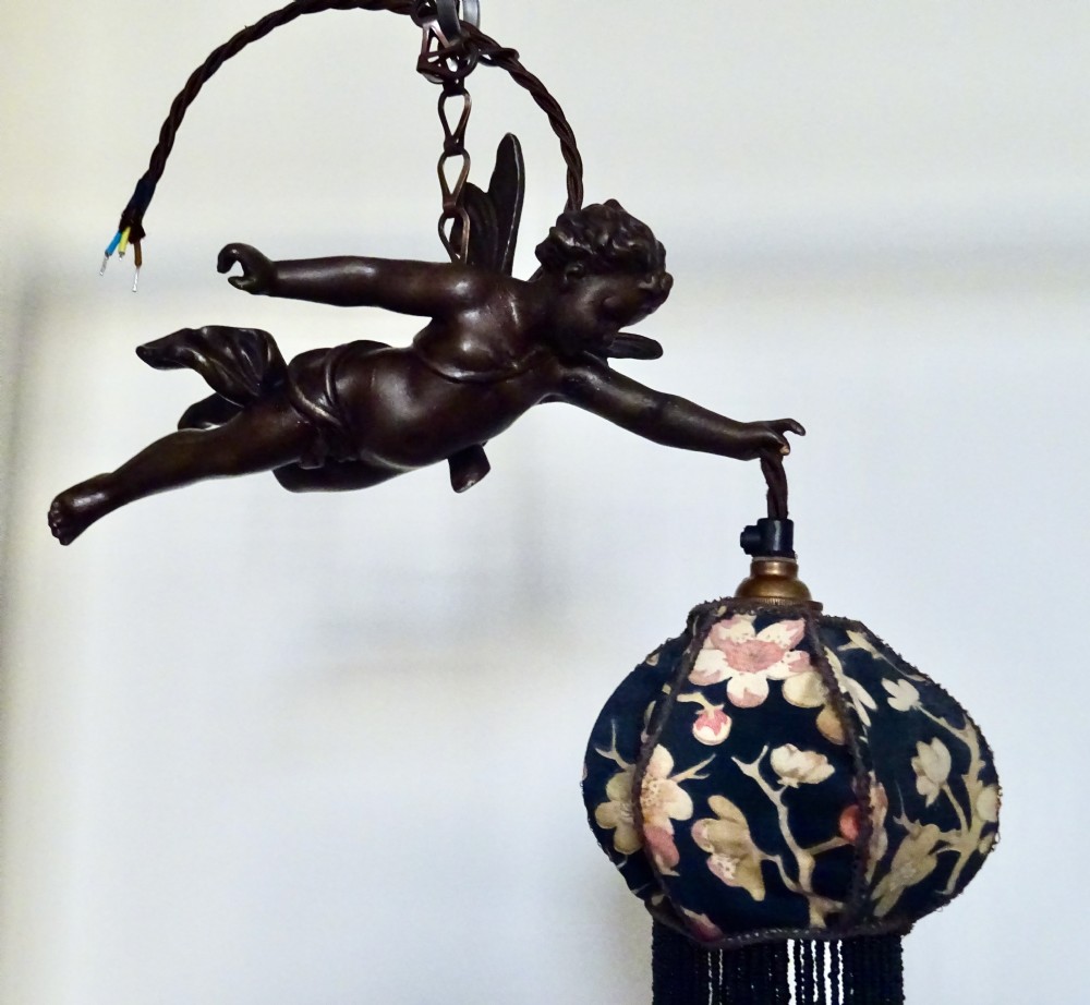 VICTORIAN SPELTER FLYING CHERUB WITH ORIGINAL SHADE View V
