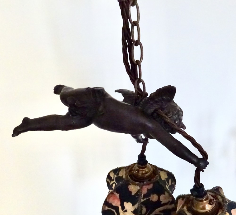 VICTORIAN FLYING SPELTER CHERUB LIGHT WITH ORIGINAL SHADES View IV