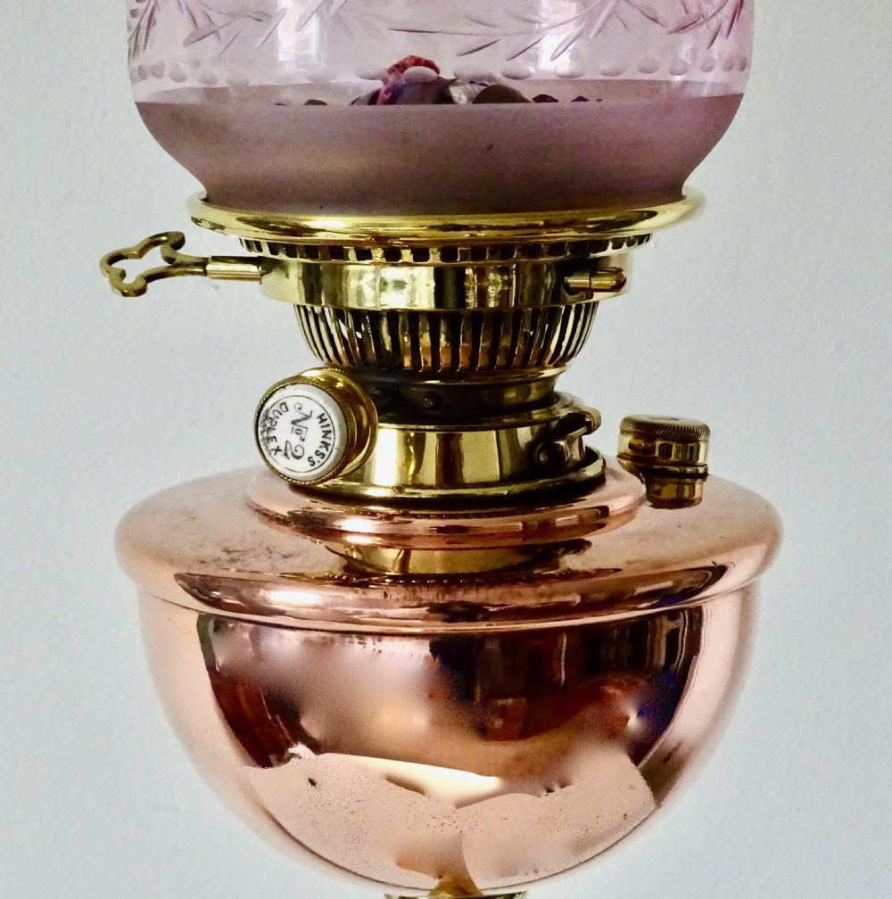 A BENSON OIL LAMP WITH ORIGINAL CRANBERRY SHADE View III