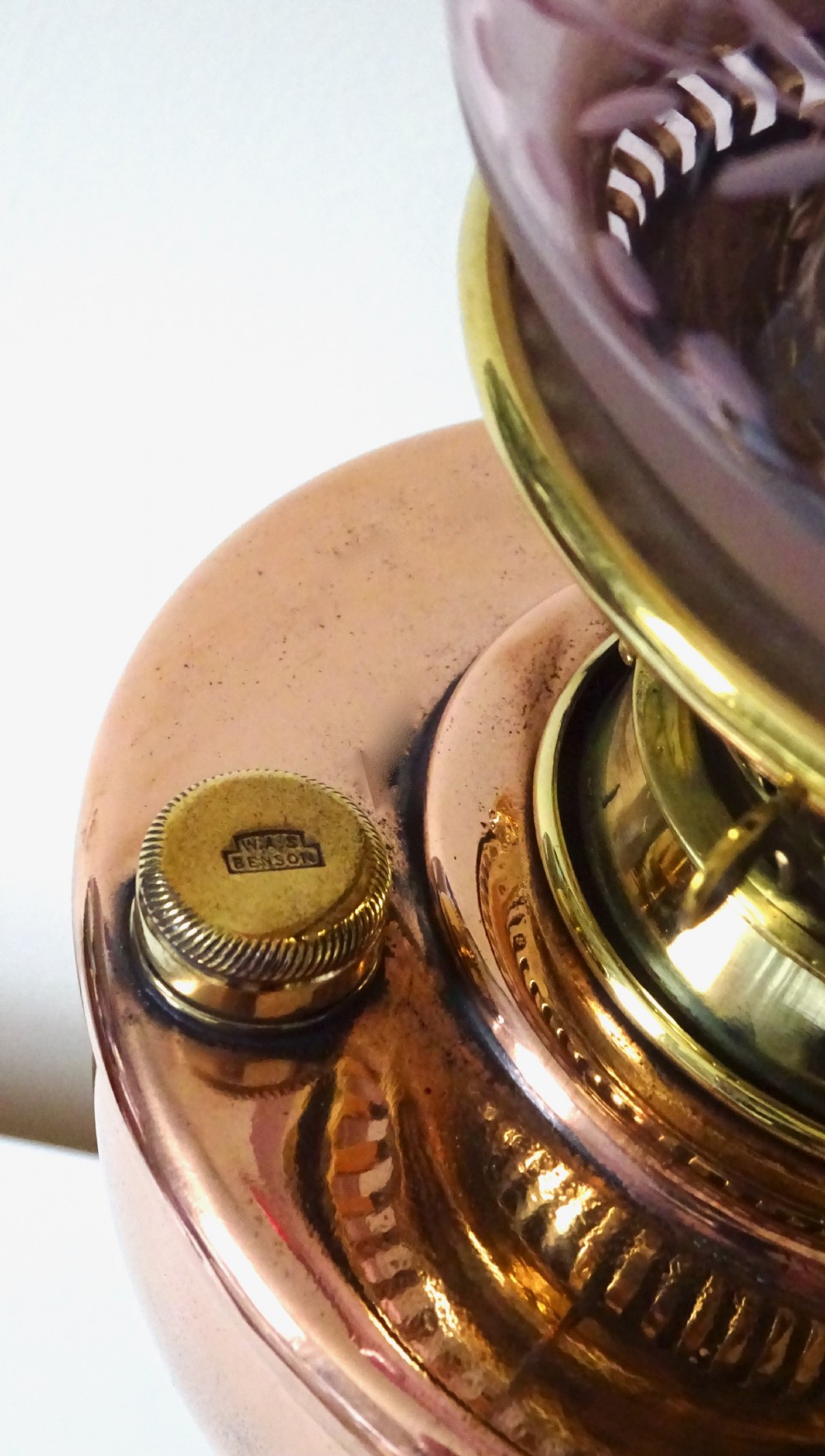 A BENSON OIL LAMP WITH ORIGINAL CRANBERRY SHADE View IV