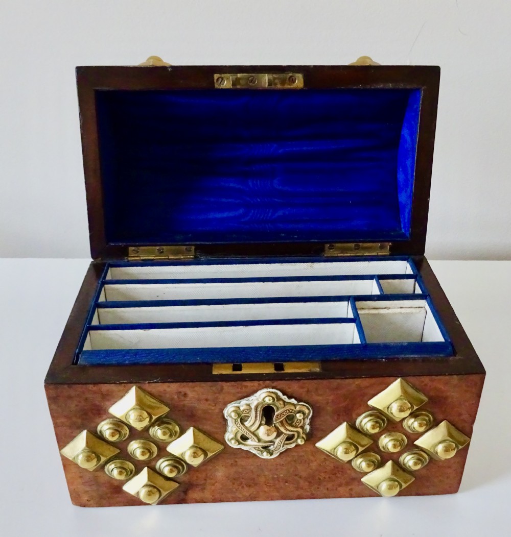 A WALNUT AND BRASS STATIONERY BOX AND BLOTTER View II