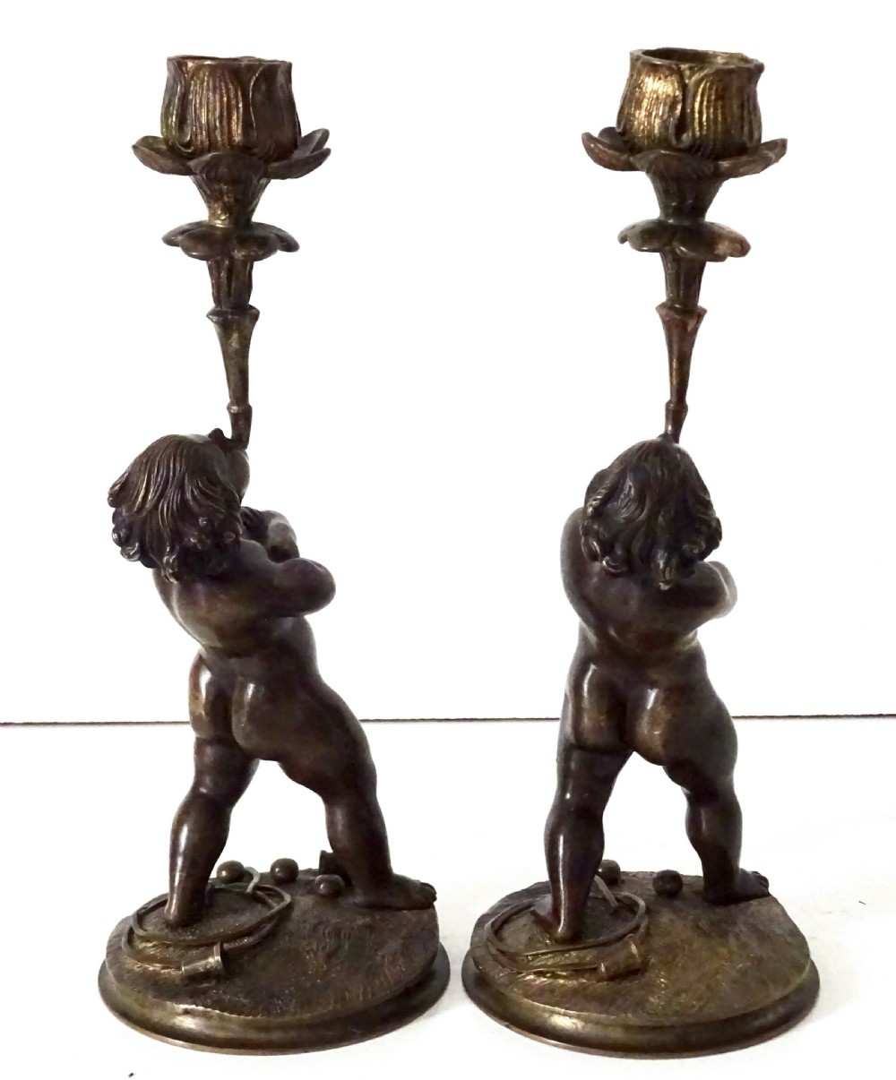 PAIR VICTORIAN BRONZE CHERUB CANDLESTICKS View II