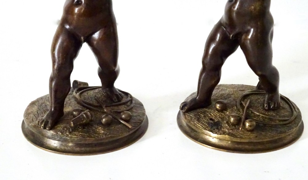 PAIR VICTORIAN BRONZE CHERUB CANDLESTICKS View III