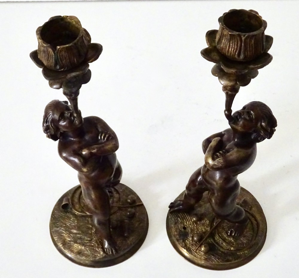 PAIR VICTORIAN BRONZE CHERUB CANDLESTICKS View IV