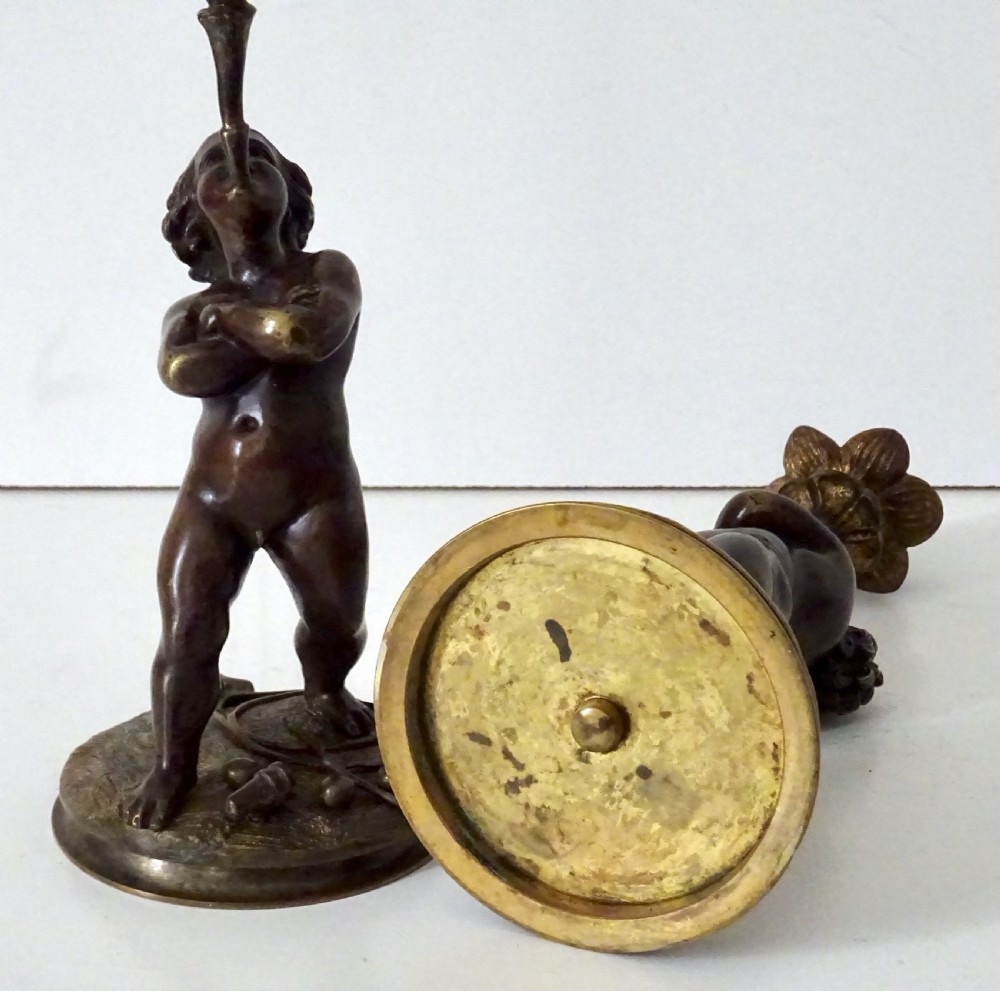 PAIR VICTORIAN BRONZE CHERUB CANDLESTICKS View V