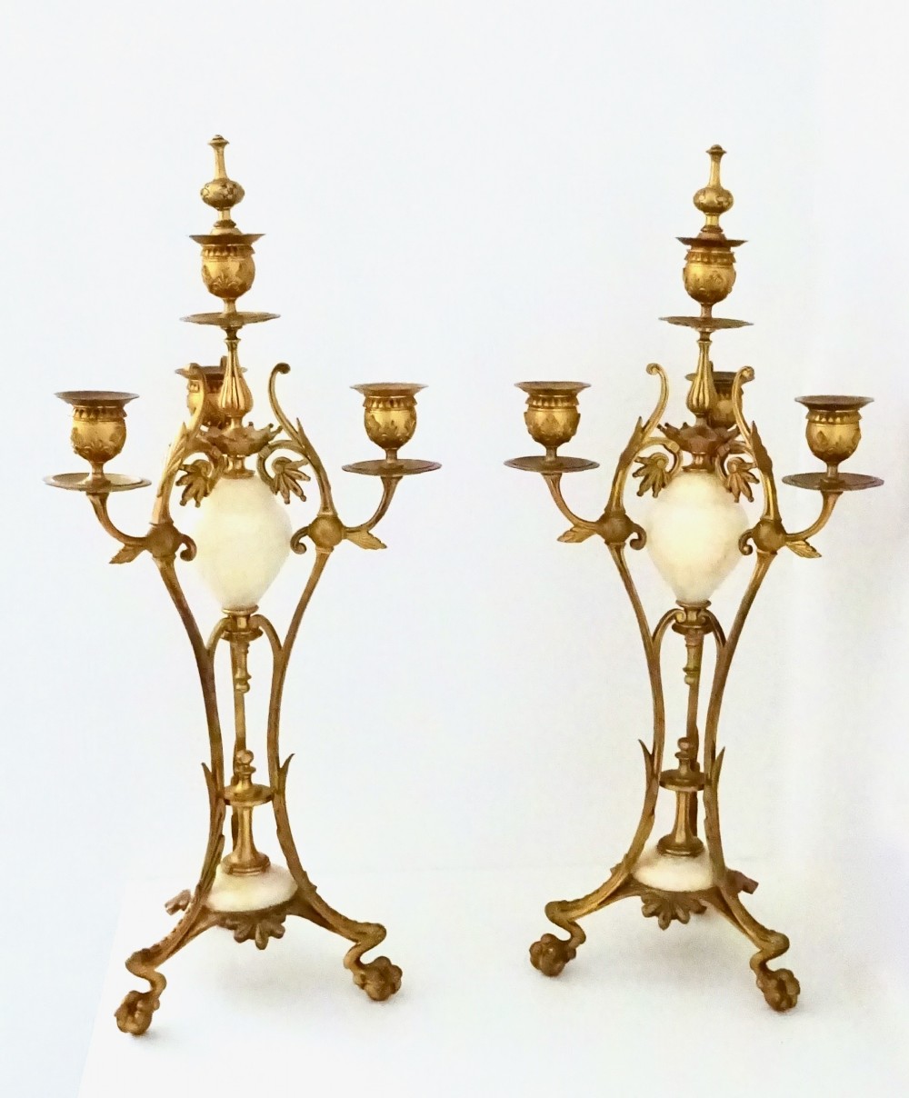 PAIR VICTORIAN ORMOLU AND MARBLE CANDELABRA 